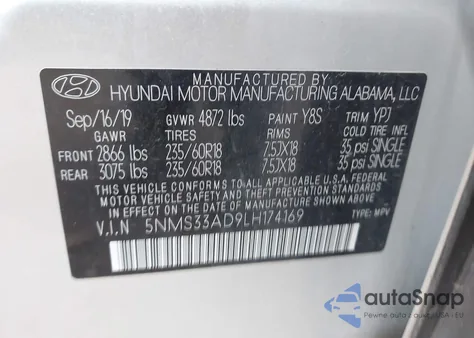2020 Hyundai Santa Fe Sel z USA, uszkodzony, nr VIN 5NMS33AD9LH174169